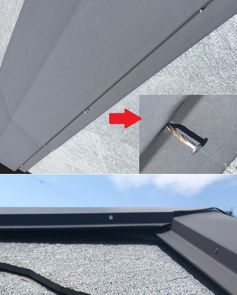 棟板金を貫板に留めている釘が抜けかけて